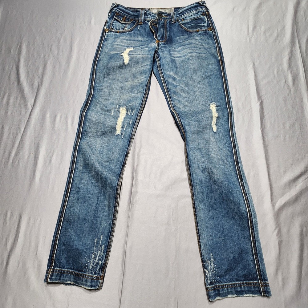 Justing Distressed Straight Leg Jeans Medium Wash Blue Denim Size 34 Distressed
